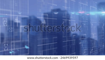 Image of data processing and lights over blurred cityscape. Business, network, connections and technology concept digitally generated image.