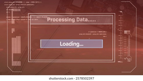Image of data processing and loading bar over computing board. Global business and digital interface concept digitally generated image.