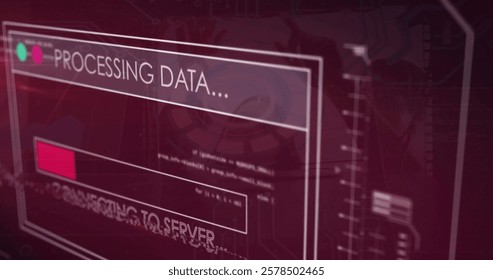 Image of data processing and loading bar over caucasian colleagues discussing work. Global business and digital interface concept digitally generated image.