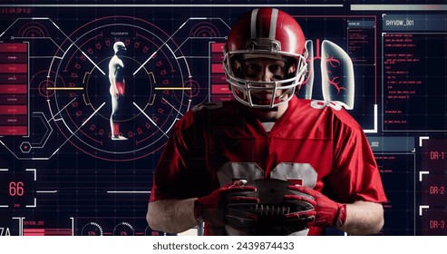 Image of data processing with male american football player with ball. sport and celebration concept digitally generated image. - Powered by Shutterstock