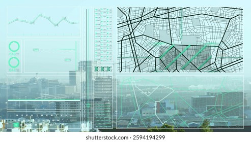 Image of data processing and map over city. Global environment, connections, computing and data processing concept digitally generated image.