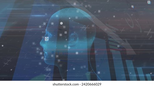 Image of data processing with markers and statistics over glowing human head. digital interface global connection and communication concept digitally generated image.