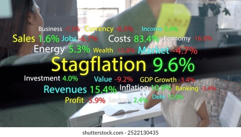 Image of data processing and market texts over diverse businesswomen discussing work in office. Business, technology and digital interface concept digitally generated image.