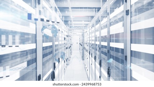 Image of data processing and mathematical equations against computer server room. Computer interface and business data storage technology concept