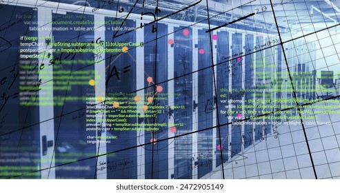 Image of data processing and mathematical equations against computer server room. Computer interface and business data storage technology concept