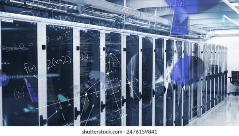 Image of data processing and mathematical equations against plexus networks over server room. Computer interface and business data storage technology concept - Powered by Shutterstock - Get 15% off with code: PIKWIZARD15