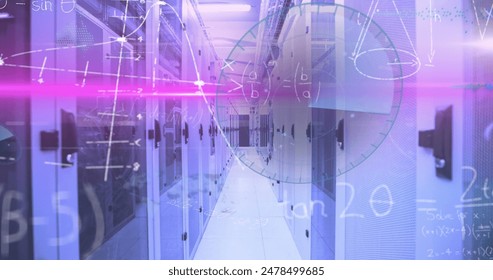 Image of data processing and mathematical equations against computer server room. Computer interface and business data storage technology concept