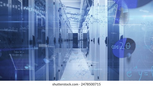 Image of data processing and mathematical equations against computer server room. Computer interface and business data storage technology concept - Powered by Shutterstock