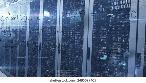 Image of data processing and mathematical equations against binary coding over server room. Computer interface and business data storage technology concept