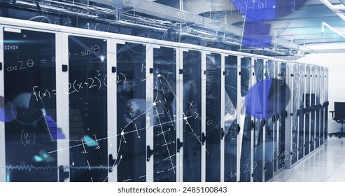 Image of data processing and mathematical equations against plexus networks over server room. Computer interface and business data storage technology concept - Powered by Shutterstock - Get 15% off with code: PIKWIZARD15