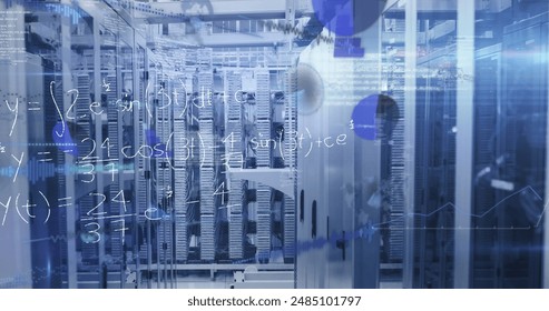 Image of data processing and mathematical equations floating against computer server room. Computer interface and business data storage technology concept
