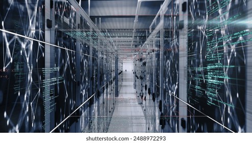 Image of data processing, mathematical equations and network of connections over server room. Business data storage technology concept - Powered by Shutterstock