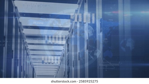 Image of data processing and mathematical equations over server room. Global technology, computing and digital interface concept digitally generated image.