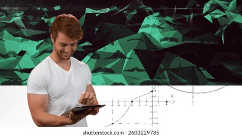 Image of data processing and mathematical equations over man using tablet. global learning, science, data processing, technology and connection concept digitally generated image.