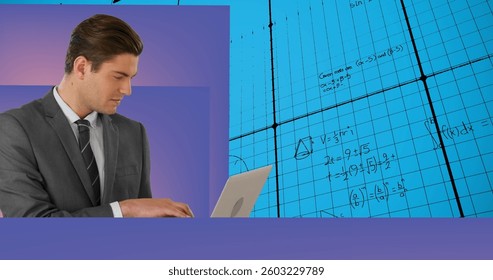 Image of data processing and mathematical equations over businessman using laptop. tablet. global learning, science, data processing, technology and connection concept digitally generated image.