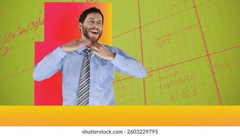 Image of data processing and mathematical equations over man feeling heat. global learning, science, data processing, technology and connection concept digitally generated image. - Powered by Shutterstock - Get 15% off with code: PIKWIZARD15