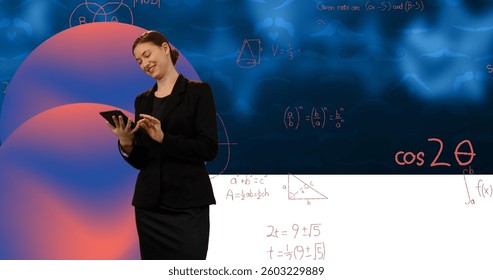 Image of data processing and mathematical equations over woman using tablet. global learning, science, data processing, technology and connection concept digitally generated image. - Powered by Shutterstock - Get 15% off with code: PIKWIZARD15