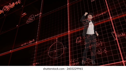 Image of data processing and mathematical equations over businessman jumping with joy. global business, data processing, technology and connection concept digitally generated image.