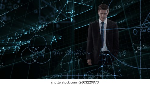 Image of data processing and mathematical equations over businessman using tablet. global business, data processing, technology and connection concept digitally generated image.