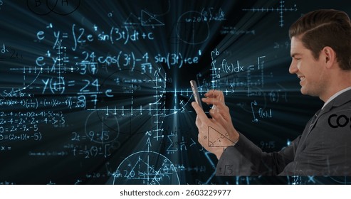 Image of data processing and mathematical equations over businessman using tablet. global business, data processing, technology and connection concept digitally generated image.