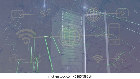 Image of data processing and media icons over server. Global business and digital interface concept digitally generated image