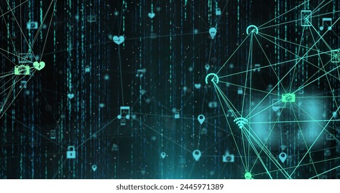 Image of data processing and media icons over black background. digital interface and data processing concept digitally generated image.