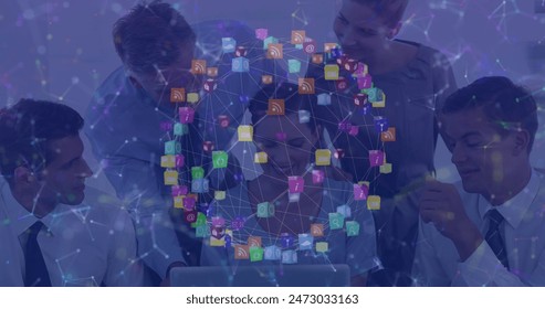 Image of data processing and media icons over caucasian business people in office. Global business and digital interface concept digitally generated image.