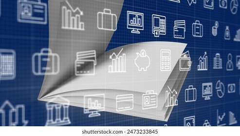 Image of data processing and media icons over blue background. Global business digital interface technology and networking concept digitally generated image.