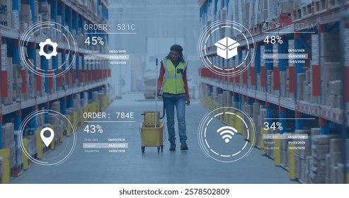 Image of data processing and media icons over biracial female worker walking in warehouse. Global business and digital interface concept digitally generated image.