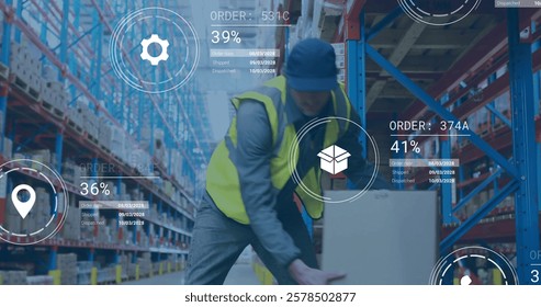 Image of data processing and media icons over caucasian male worker working in warehouse. Global business and digital interface concept digitally generated image.