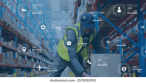 Image of data processing and media icons over caucasian male worker working in warehouse. Global business and digital interface concept digitally generated image.