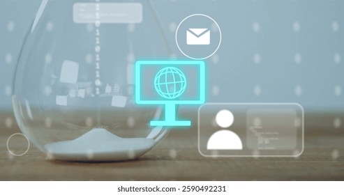 Image of data processing and media icons over hourglass. Technology and digital interface concept digitally generated image. - Powered by Shutterstock - Get 15% off with code: PIKWIZARD15
