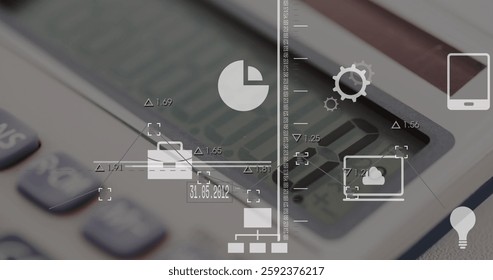 Image of data processing and media icons over calculator. Technology and digital interface concept digitally generated image.