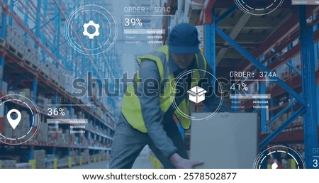 Image of data processing and media icons over caucasian male worker working in warehouse. Global business and digital interface concept digitally generated image.