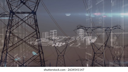 Image of data processing and metaverse city over electricity poles. Energy, electricity, data processing, security and technology concept digitally generated image.