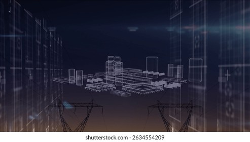 Image of data processing and metaverse city over electricity poles. Energy, electricity, data processing, security and technology concept digitally generated image.