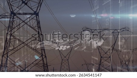 Image of data processing and metaverse city over electricity poles. Energy, electricity, data processing, security and technology concept digitally generated image.