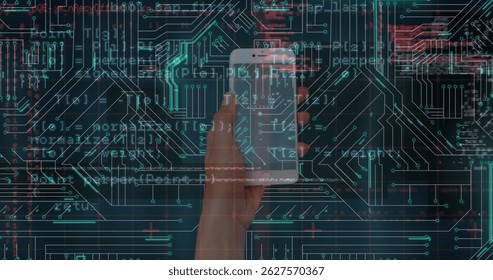 Image of data processing and microprocessor connections over hand holding a smartphone. Computer interface and business technology concept - Powered by Shutterstock - Get 15% off with code: PIKWIZARD15