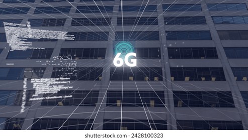 Image of data processing and modern office building. Global business, finance, computing and data processing concept digitally generated image.