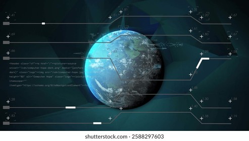 Image of data processing and motherboard over globe in night sky. Network, data, digital interface, business, connection and global communication, digitally generated image.
