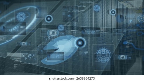 Image of data processing and multiple round scanners against computer server room. Computer interface and business data storage technology concept