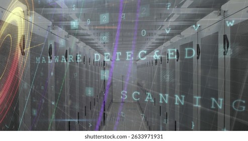 Image of data processing and neon shapes over server room. Global technology, computing and digital interface concept digitally generated image.