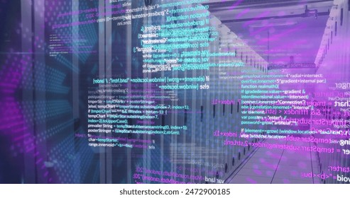 Image of data processing and neon tunnel in seamless pattern against computer server room. Computer interface and business data storage technology concept