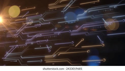 Image of data processing and network of connections with computer circuit board. Global networks, computing, digital interface and data processing concept digitally generated image.