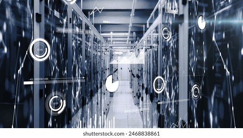 Image of data processing and network of connections against computer server room. Computer interface and business data storage technology concept
