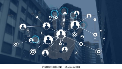 Image of data processing and network of connections over biometric handprint. global online identity, data processing, technology and digital interface digitally generated image. - Powered by Shutterstock - Get 15% off with code: PIKWIZARD15