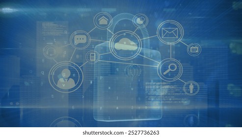 Image of data processing and network of connections over padlock icon on blue background. Global technology, online security and digital interface concept digitally generated image. - Powered by Shutterstock