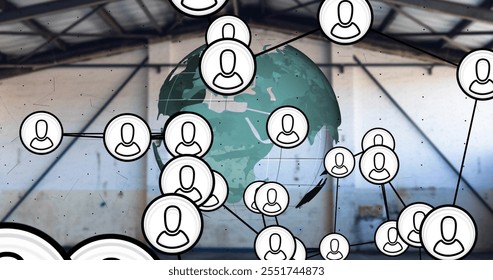 Image of data processing and network of connections with icons over globe. Global connections, computing and data processing concept digitally generated image.