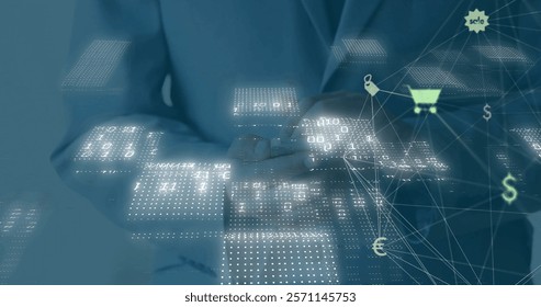 Image of data processing with network of connections over businessman using smartphone. Global finance, business, connections, computing and data processing concept digitally generated image.