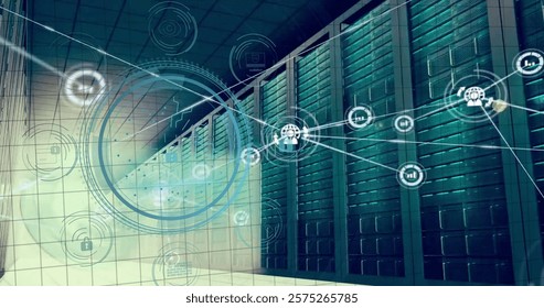 Image of data processing, network of connections with globe icons over computer servers. Global cyber security, connections, computing and data processing concept digitally generated image.
